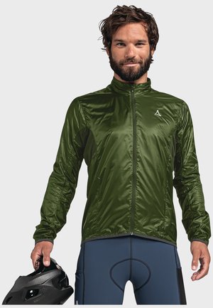 Grüne, leichte, mit Reißverschluss versehenen Jacke mit Stehkragen und einer glatten, glänzenden Textur. Auf der oberen linken Seite befindet sich ein kleines Logo.