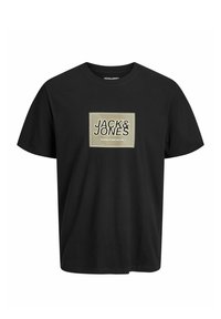 Czarny bawełniany t-shirt z centralnym nadrukiem graficznym z napisem „JACK & JONES” w białym i złotym kolorze na prostokątnym tle. Okrągły dekolt.