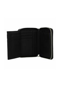 Portefeuille en cuir noir avec fermeture éclair, comportant plusieurs emplacements pour cartes et une texture lisse. L'intérieur est sobre et bien organisé.