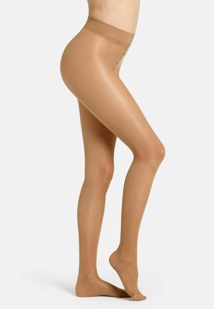 Beige Strumpfhosen mit glatter Oberfläche, hohem Bund und verstärkten Zehen. Die Textur ist glänzend und nahtlos und bietet einen natürlichen Look.