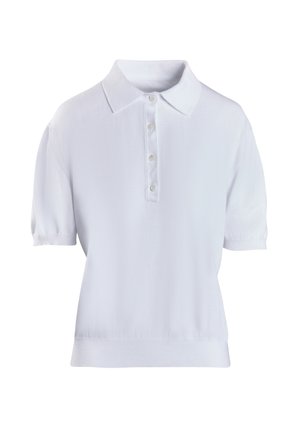 Valkoinen lyhythihainen polo t-paita, joka on valmistettu pehmeästä kankaasta. Siinä on kaulus, nappilista ja ribattu helma. Sileä rakenne ja klassinen muotoilu.