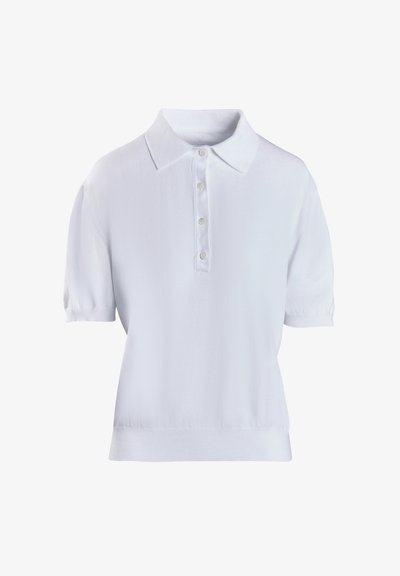 Valkoinen lyhythihainen polo t-paita, joka on valmistettu pehmeästä kankaasta. Siinä on kaulus, nappilista ja ribattu helma. Sileä rakenne ja klassinen muotoilu.