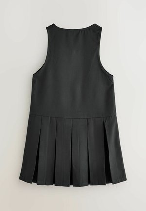 Schwarzes ärmelloses Kleid mit rundem Ausschnitt und einem plissierten Rock. Verfügt über eine glatte Stoffstruktur und eine einfarbige Farbgebung ohne Muster.