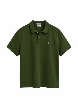 Polo shirt corto a maniche corte verde scuro con due bottoni, piccolo logo ricamato sul petto e colletto classico.