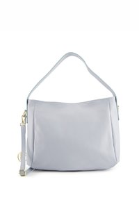 Helleblaue Leder-Umhängetasche mit weicher Textur, gewölbtem Oberteil, abnehmbarem verstellbarem Tragegurt und goldfarbenen Hardware-Accents.