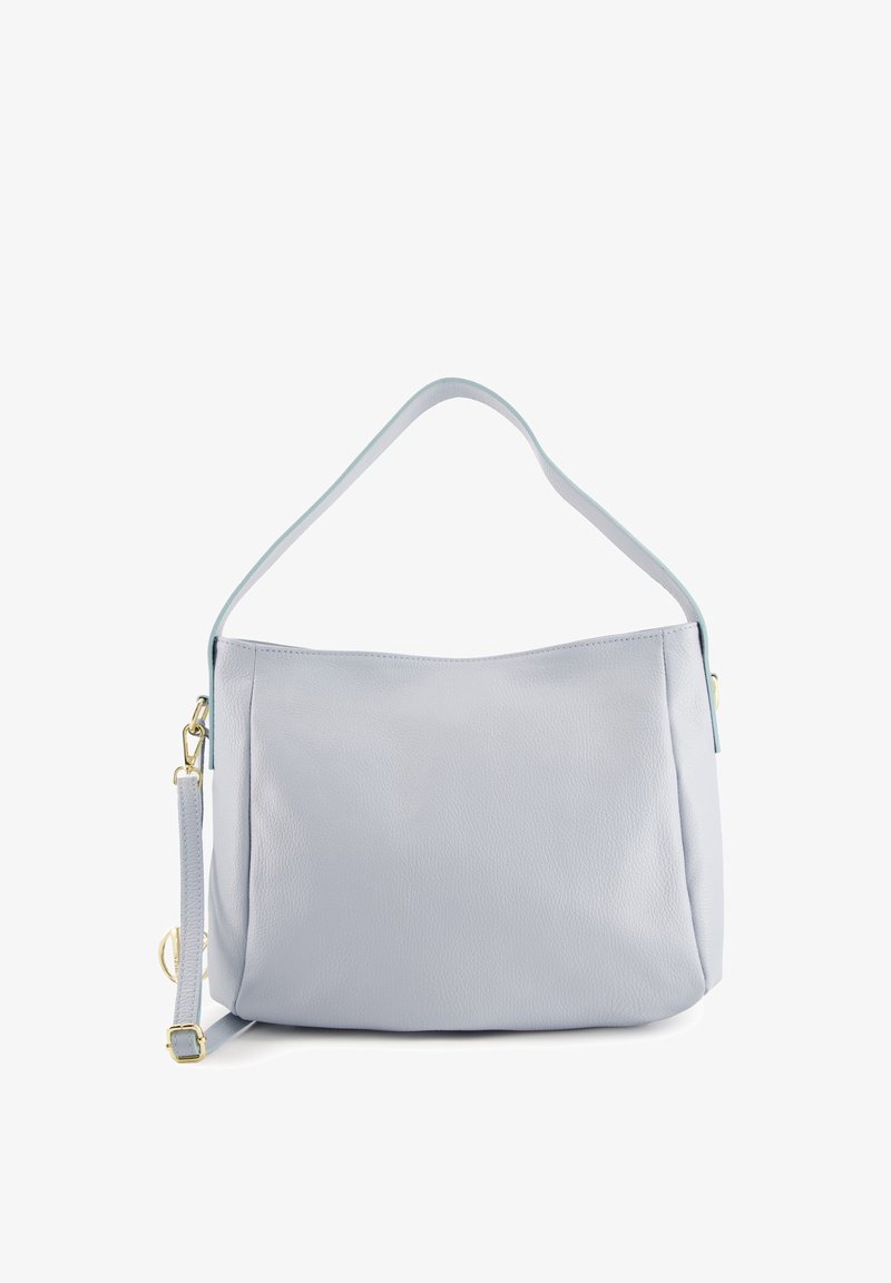 Helleblaue Leder-Umhängetasche mit weicher Textur, gewölbtem Oberteil, abnehmbarem verstellbarem Tragegurt und goldfarbenen Hardware-Accents.