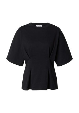 Zwarte blouse met korte mouwen, brede mouwen, getailleerde taille en ronde halslijn, met subtiele naaddetails voor vormgeving.