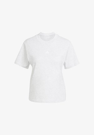 Light grey short-sleeve crew neck T-shirt with a small white Adidas logo centered on the chest, displayed on a white background.