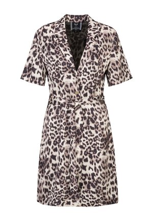 Robe à manches courtes à imprimé léopard avec col cranté, boutons sur le devant et ceinture à nouer à la taille, dans des tons de marron, noir et beige.