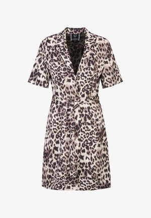 Kurzärmeliges Kleid mit Leopardenmuster, gekerbtem Kragen, Knöpfen vorne und Taillengürtel in den Farbtönen Braun, Schwarz und Beige.