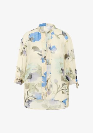 Lagani, prozračni bluzon s cvjetnim uzorkom u nijansama plave i sive boje na krem pozadini. Ima duge rukave s mogućnošću podizanja i stajaći ovratnik.