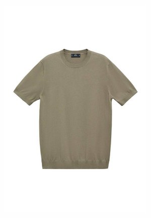 Knit short-sleeve t-shirt in olive green, featuring a crew neck and ribbed cuffs, with a smooth, lightweight texture and straight hem.