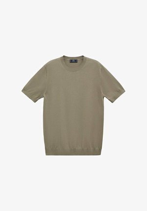 Strick T-Shirt mit kurzen Ärmeln in Olivgrün, ausgestattet mit einem Rundhalsausschnitt und gerippten Bündchen, mit einer glatten, leichten Textur und geradem Saum.