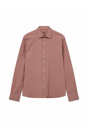 Férfi hosszú ujjú gombos ing keskeny, függőleges piros és rózsaszín csíkokkal, hegyes gallérral és fehér gombokkal az elején.