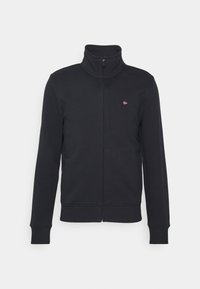 Felpa con zip di colore blu navy scuro, realizzata in tessuto morbido. Presenta un collo alto, maniche lunghe e un piccolo logo decorativo sul petto.