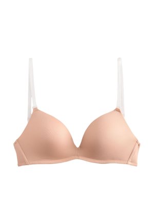 Nude grudnjak s podstavom, glatkih košarica i podesivim bijelim naramenicama na bijeloj pozadini.