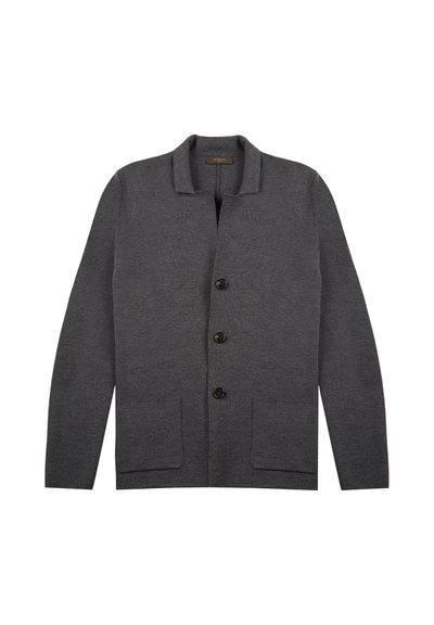 Dunkelgrauer Cardigan aus strukturiertem Strickstoff, mit Schalkragen, vier schwarzen Knöpfen und zwei vorderen Taschen.