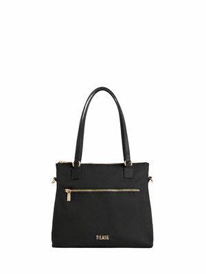 Borsa rettangolare nera con due manici lunghi, tasca frontale con cerniera dorata e piccolo logo dorato "T CLASSE" in basso al centro.