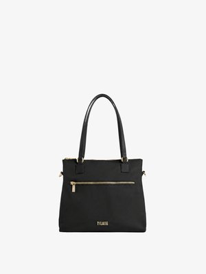 Borsa rettangolare nera con due manici lunghi, tasca frontale con cerniera dorata e piccolo logo dorato "T CLASSE" in basso al centro.