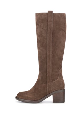 Bottes en suède marron, montantes jusqu'au genou, avec une silhouette ajustée, panneau latéral contrastant et un large talon en bois. Texture lisse et bout arrondi.