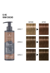 Schwarzkopf ChromaID Raw Cacao Color Mask i en brun pumpflaska. Resultat av hårfärg visas för nivåerna 5, 6 och 7 före och efter användning.