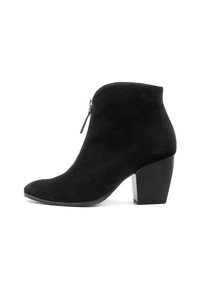 Botine negre din suede, cu vârf ascuțit și fermoar lateral. Prezintă un toc chunky, rectangular și o textură netedă.