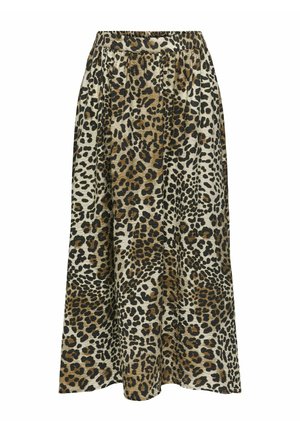 Leopard print maxi skirt with an elastic waistband. Features shades of brown, black, and cream in a flowing design. Soft texture.