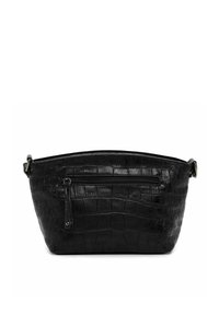 Black leather crossbody bag with a textured crocodile pattern, featuring a front zip pocket and a rounded, structured shape.