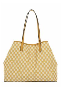Borsa a spalla gialla a scacchi con motivi geometrici bianchi, dotata di manici neri e una forma strutturata. È visibile un dettaglio della superficie texturizzata.