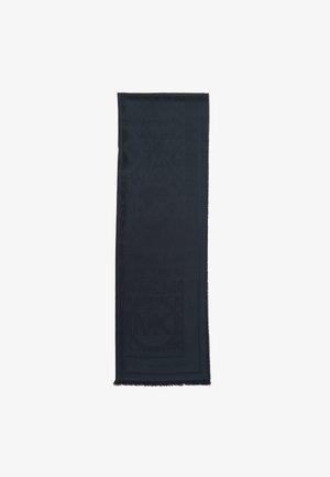 Écharpe rectangulaire bleu foncé avec des logos "MK" répétés de manière subtile et des bords à franges, pliée verticalement sur un fond blanc.