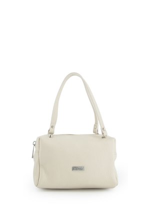 Lille beige læderhåndtaske med dobbelte håndtag og sølv lynlås, med metal logo foran i midten.