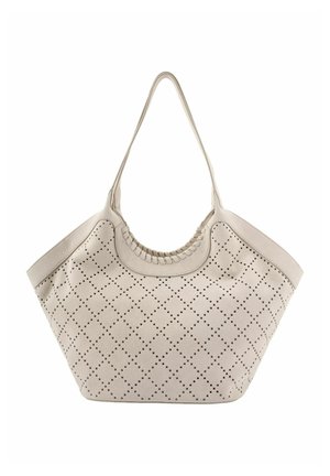 Sac cabas beige avec motif perforé en forme de diamant, poignées supérieures arrondies et forme trapézoïdale large.