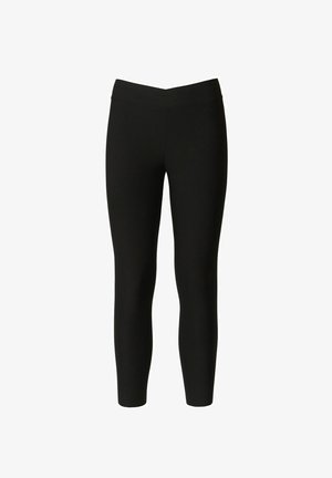 Leggings noirs en tissu extensible avec une texture lisse, dotés d'une taille haute et d'une coupe longueur cheville. Aucun motif visible ni quincaillerie.