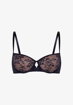 Black lace balconette bra with floral embroidery, adjustable thin straps, and a front clasp closure.