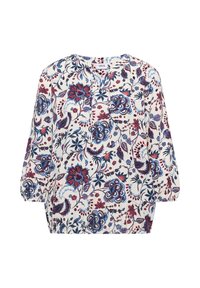 Blouse blanche à manches longues avec motif floral bleu et rouge, col rond et poignets froncés, conçue pour un usage décontracté.
