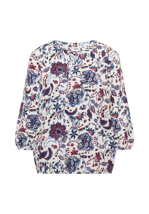Weißes Langarmbluse mit blauem und rotem Blumenmuster, rundem Ausschnitt und gerafften Manschetten, entworfen für den Freizeitgebrauch.
