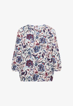 Blouse blanche à manches longues avec motif floral bleu et rouge, col rond et poignets froncés, conçue pour un usage décontracté.
