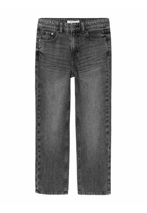 Jeans en denim gris avec une coupe droite, design à cinq poches et décoloration subtile. Dispose d'une fermeture à bouton et à glissière à l'avant.