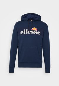 Felpa con cappuccio blu navy, con tasca frontale, cappuccio regolabile con cordino e logo "ellesse" con emblema arancione e rosso sul petto.