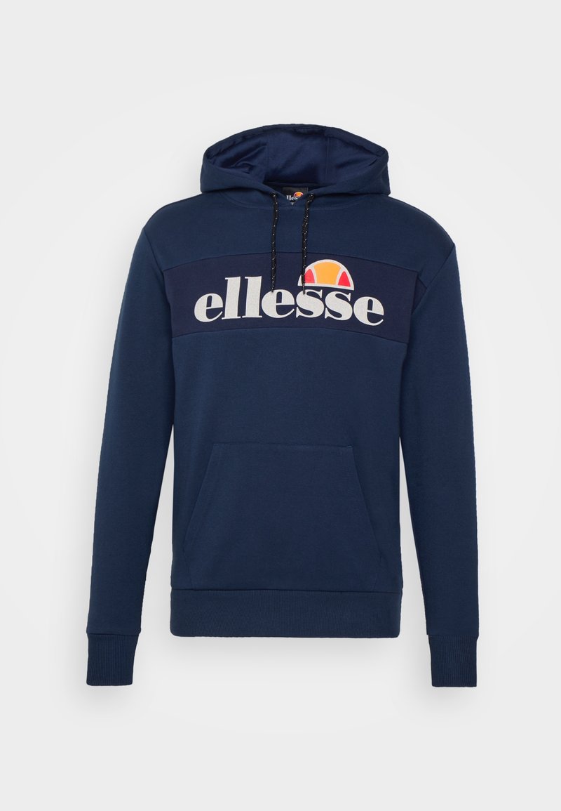 Felpa con cappuccio blu navy, con tasca frontale, cappuccio regolabile con cordino e logo "ellesse" con emblema arancione e rosso sul petto.