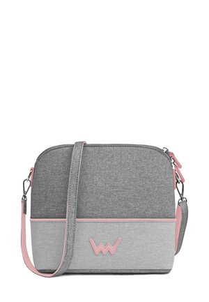 Gray fabric crossbody bag with light pink accents. Rectangular shape, smooth texture, top zipper, and adjustable strap. Simple logo detail.