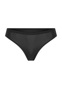 Czarny dół bikini, wykonany z gładkiego, elastycznego materiału. Posiada umiarkowane wykończenie, z niskim stanem i bezszwowymi brzegami.