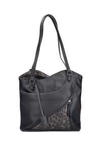 Sac fourre-tout en cuir noir avec une texture, agrémenté d'une touche de motif léopard et d'une poche zippée sur un côté. Deux sangles pour l'épaule.