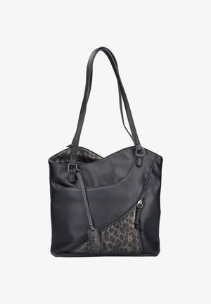 Borsa a spalla in pelle nera con superficie texture, caratterizzata da un'illustrazione in stampa leopardata e una tasca con zip su un lato. Due manici per la spalla.