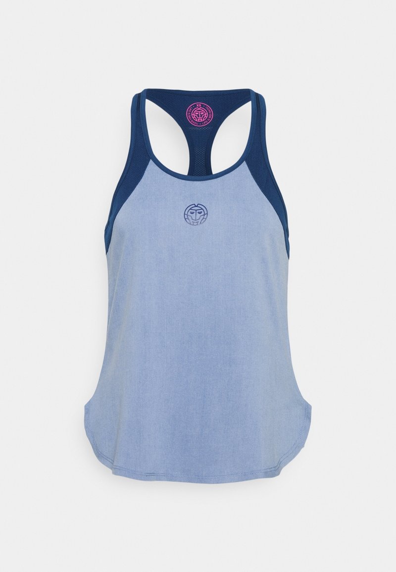 Jasnoniebieski top bez rękawów z ciemnoniebieskimi akcentami i krojem na plecach. Zawiera małe logo na środku oraz okrągły dekolt. Gładka tekstura.