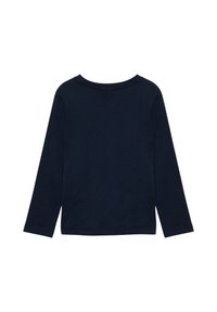 Effen marineblauwe langlopende crewneck shirt plat weergegeven, met de achterkant zichtbaar zonder zichtbare logo's of patronen.