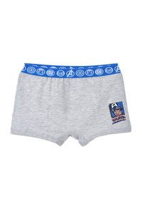 Gray cotton boxer shorts with a blue elastic waistband featuring Avengers icons, and a Captain America graphic patch on the side.