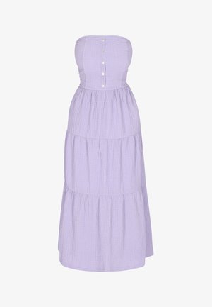 Levendula színű, pánt nélküli ruha, amely texturált anyagból készült, gombokkal a melltartón és réteges szoknyatervezéssel.