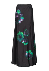 Jupe maxi noire fluide avec un imprimé floral coloré dans des tons verts et violets, fabriquée en tissu doux, présentant une légère forme évasée.