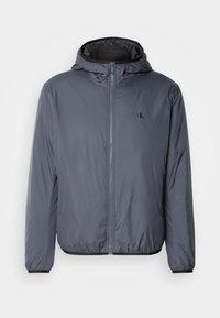 Grau leichte Jacke mit Kapuze, Vorderreißverschluss, elastischen Bündchen und einem dezenten Logo auf der Brust. Glatte Textur und minimalistisches Design.